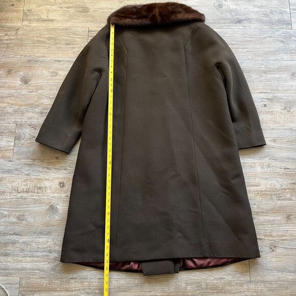 Vintage Trench Coat Women's Large Mink Fur Neck Brown Green 1950s Winter Button - Picture 10 of 14